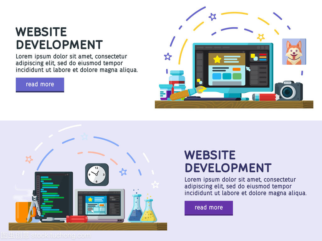 平面設計現代矢量圖的概念。平面彩色橫幅設計一套。網站開發,網頁設計。現代平面設計中的 Web 橫幅,網站元素。編程和編碼