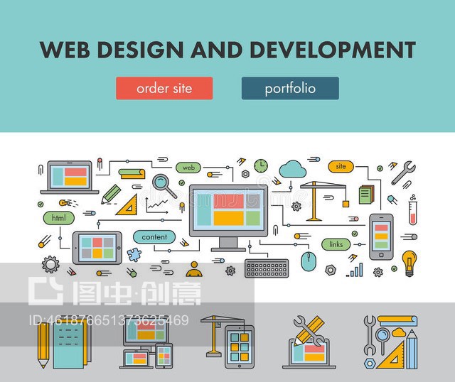 網(wǎng)頁(yè)設(shè)計(jì)和開(kāi)發(fā)的線條設(shè)計(jì)概念橫幅Line design concept banner for web design and development